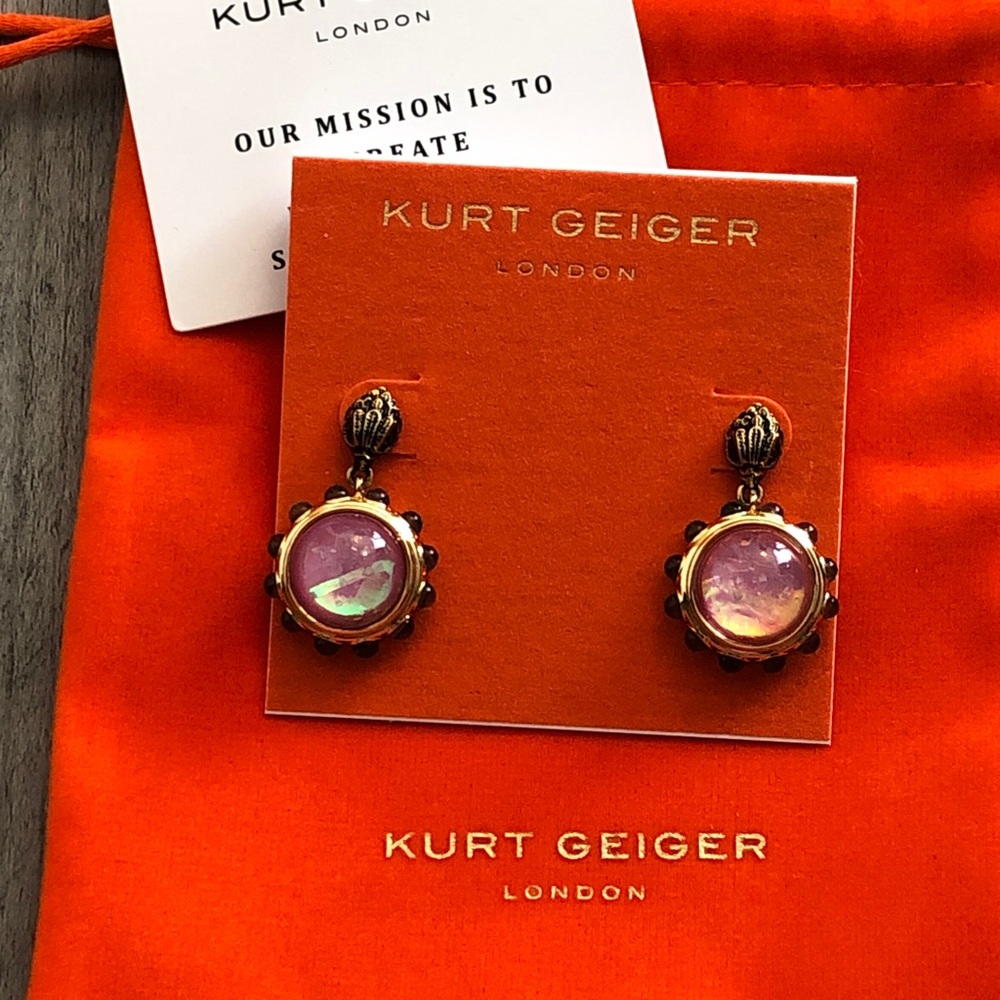 Kurt Geiger Regency Drop Earrings Pink Opalescent Stone & Green Cabochons NWT